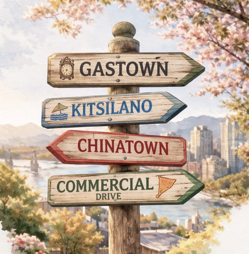 Vancouver neighborhood dining scene with mixed restaurants and cafes.
