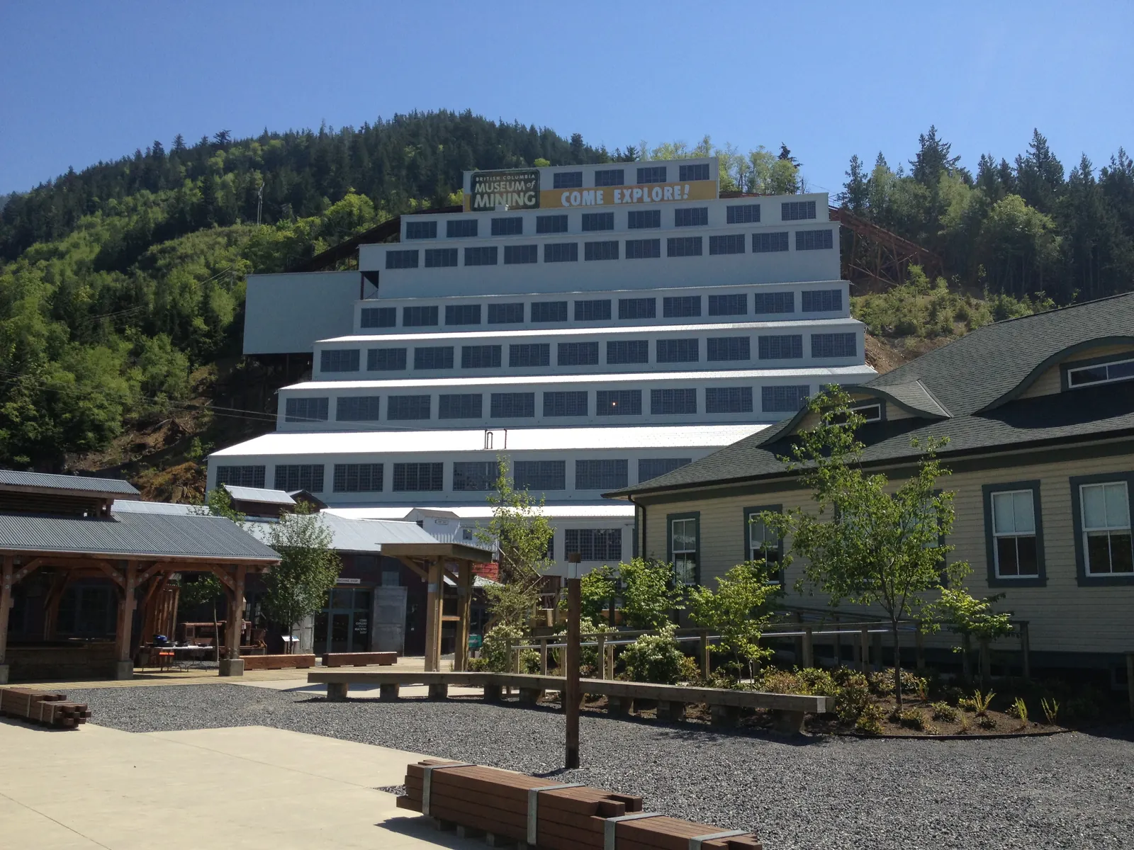 Historic mining site and mountain backdrop along Sea-to-Sky.