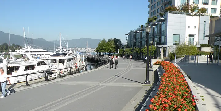 Coal Harbour waterfront with city and mountain backdrop