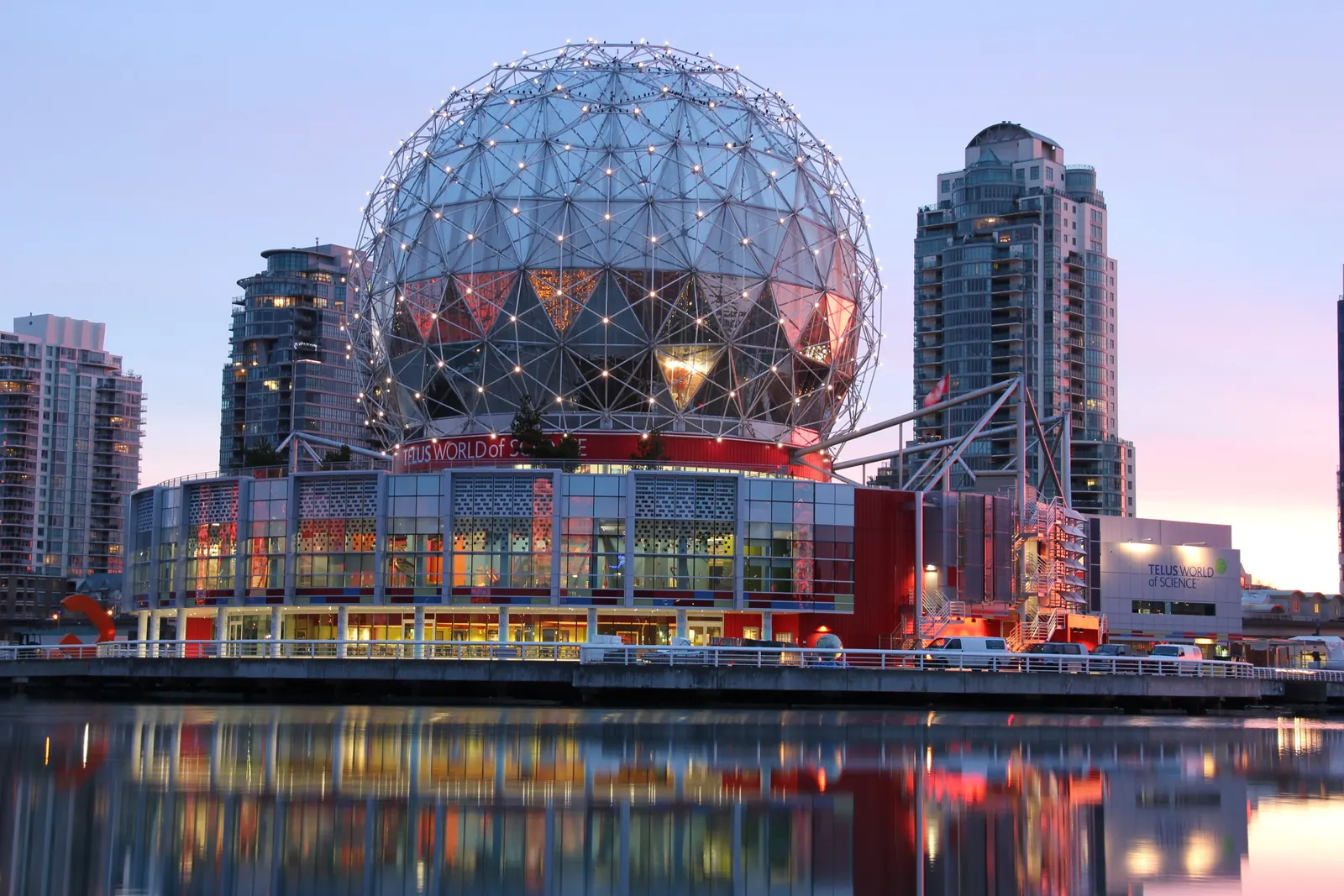 Science center architecture and False Creek surroundings.